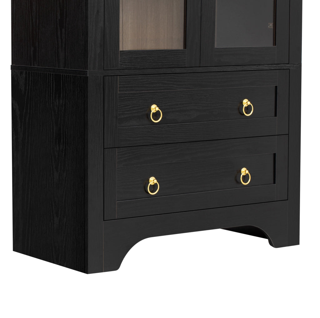 Credenza alta nera con ante in vetro e ripiani regolabili