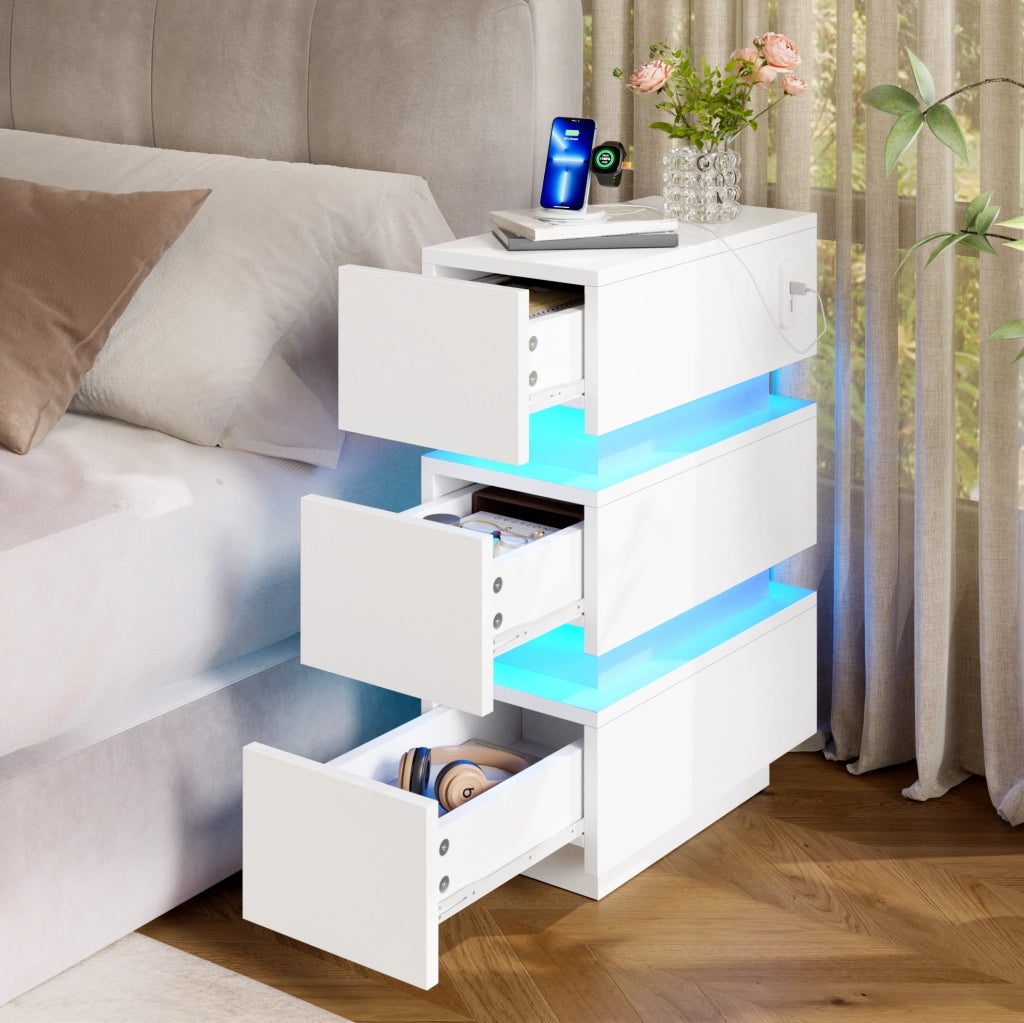 Set di 2 comodini stretti bianchi con LED, USB e Type-C, 3 cassetti, 20 x 40 x 59,5 cm
