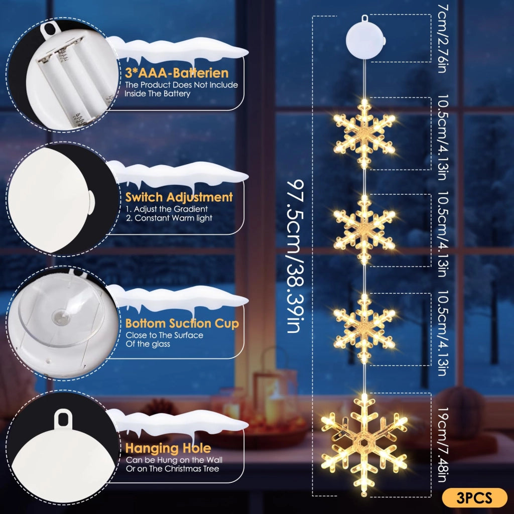 Set di 3 luci a LED a forma di fiocchi di neve per finestre, luce bianca calda, alimentate a batteria