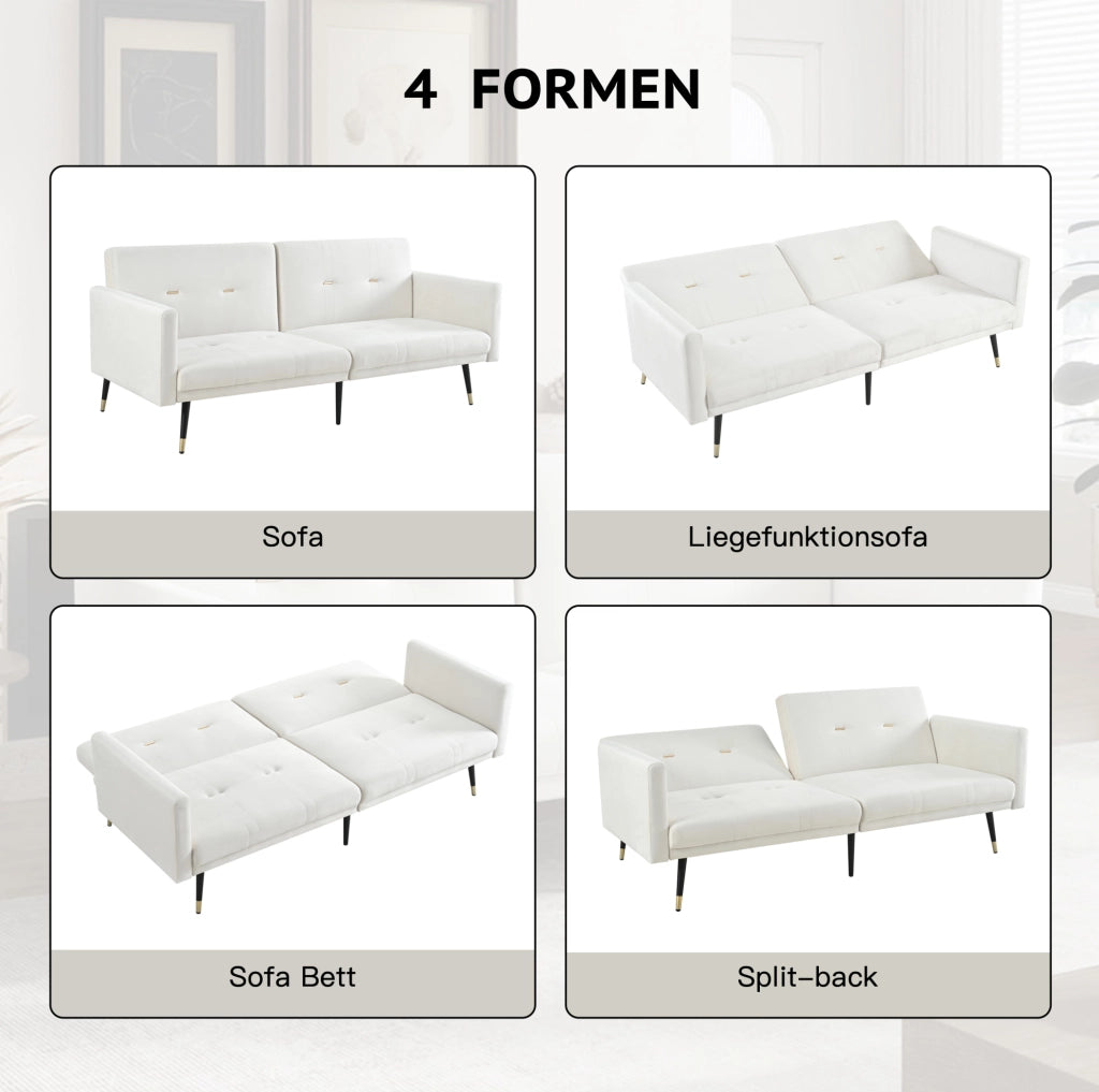 Divano letto 2 posti in velluto beige, schienali regolabili