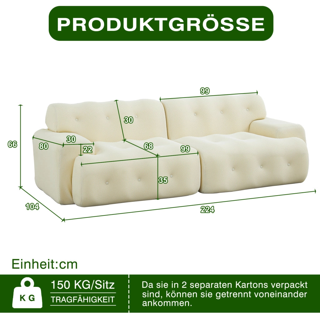 Divano 2 posti modulare beige in tessuto, 224 cm