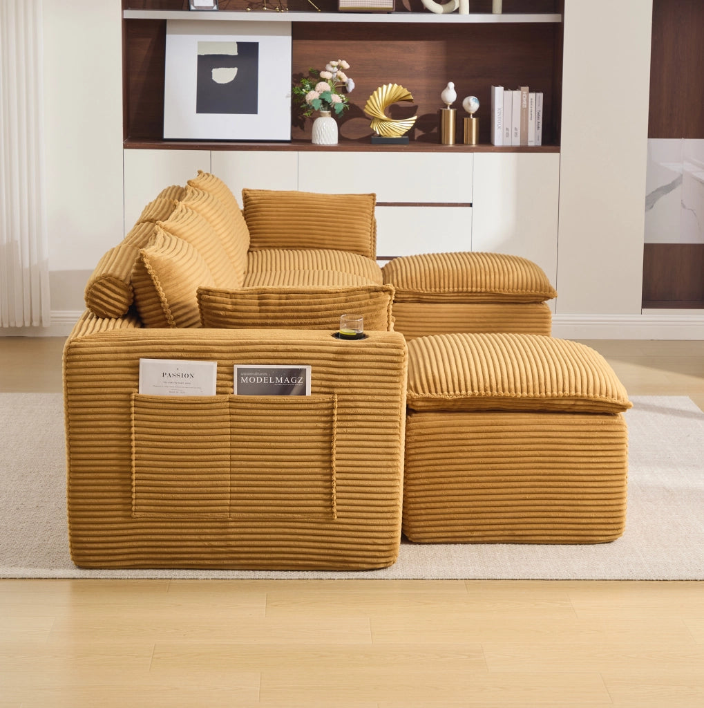 Divano modulare arancione in velluto a coste con pouf e tasche laterali