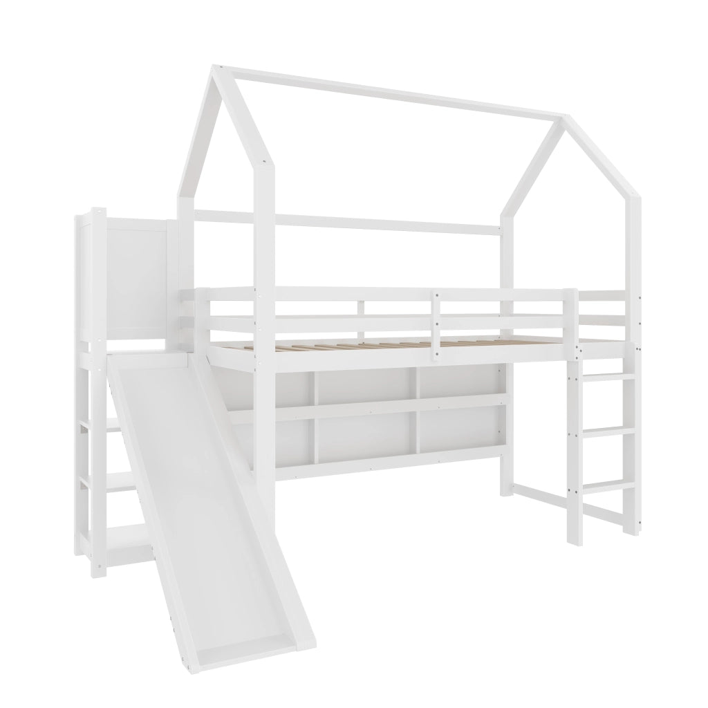 Letto a soppalco per bambini 90x200 cm a casetta con scivolo; ripiani e LED; in pino e MDF bianco