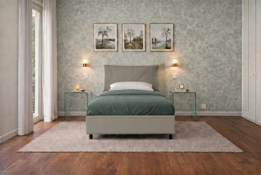 Letto 1 Piazza e Mezza Contenitore Imbottito 120x200 cm Similpelle Cappuccino Boxmax Testata Soft