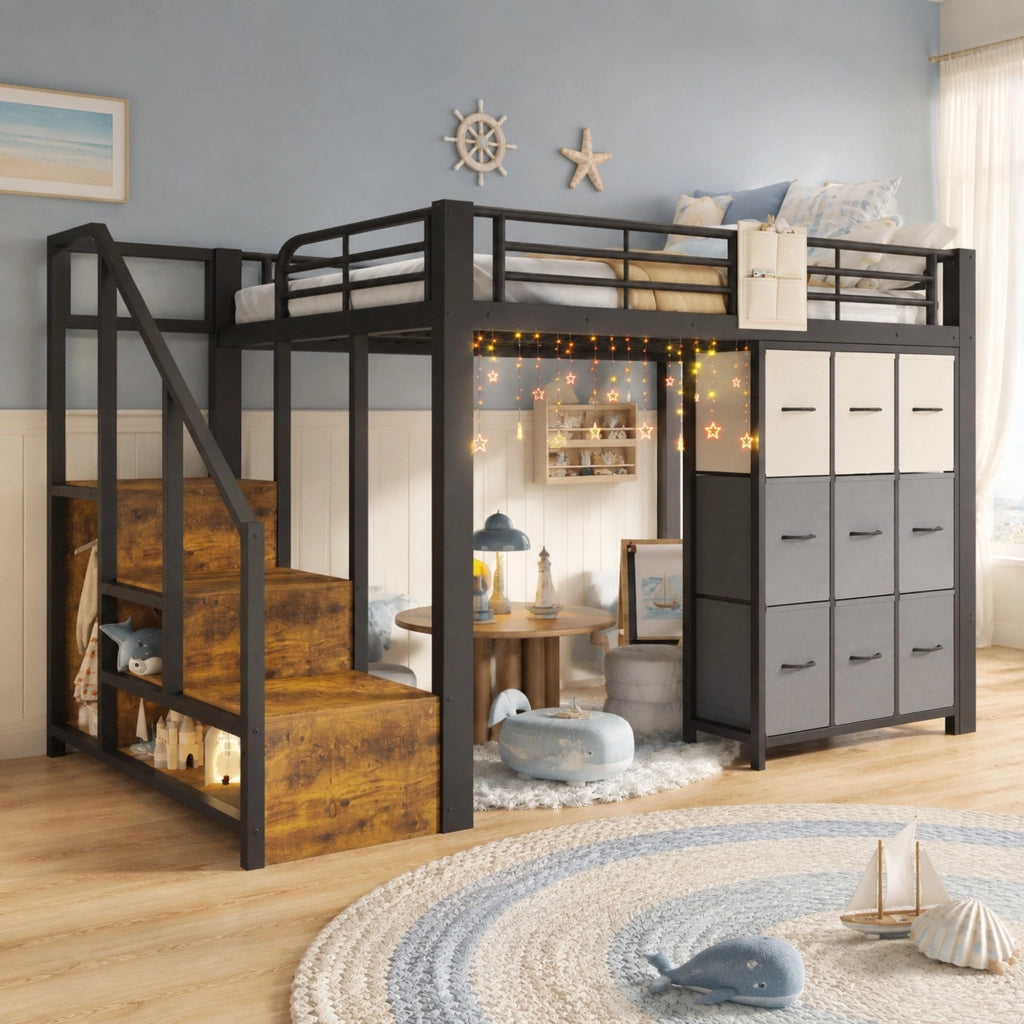 Letto a soppalco 140x200 cm in metallo e MDF con contenitori