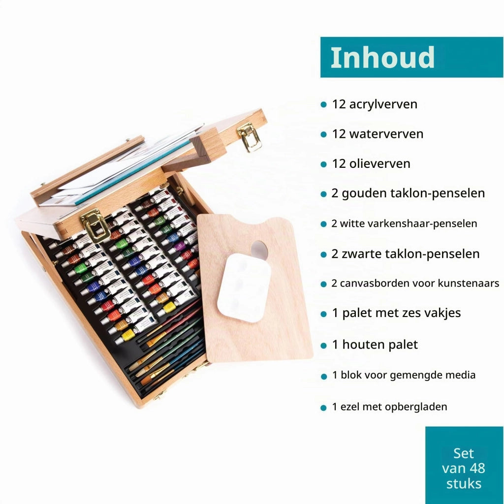 Set di colori con cavalletto, 48 pezzi, legno, acrilico, olio e acquerello