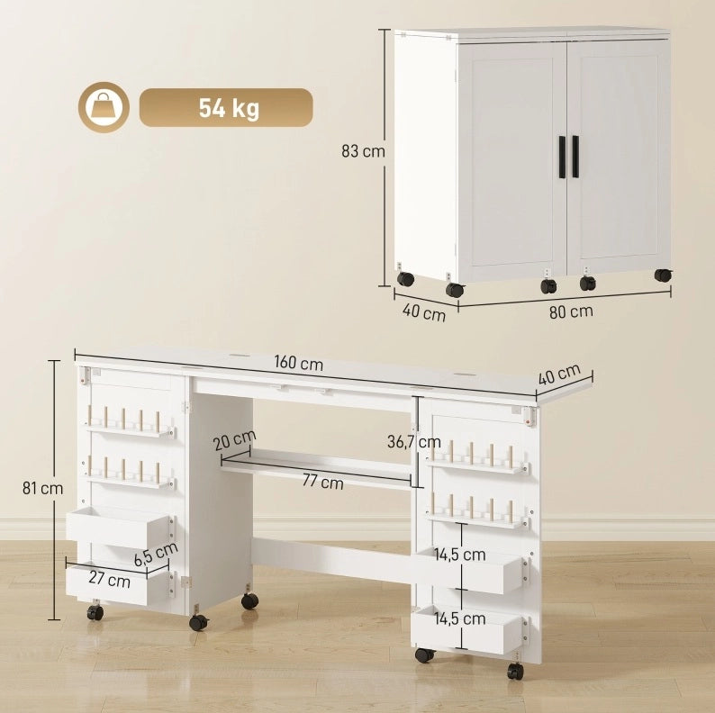 Tavolo da cucito pieghevole con ruote, vani portaoggetti, bianco