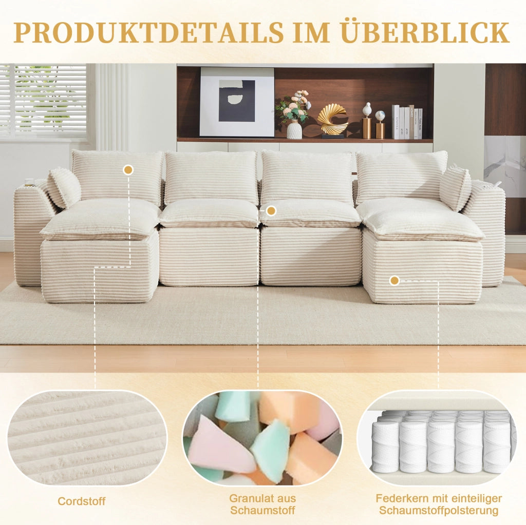 Divano modulare 4 posti in velluto a coste beige con 2 pouf