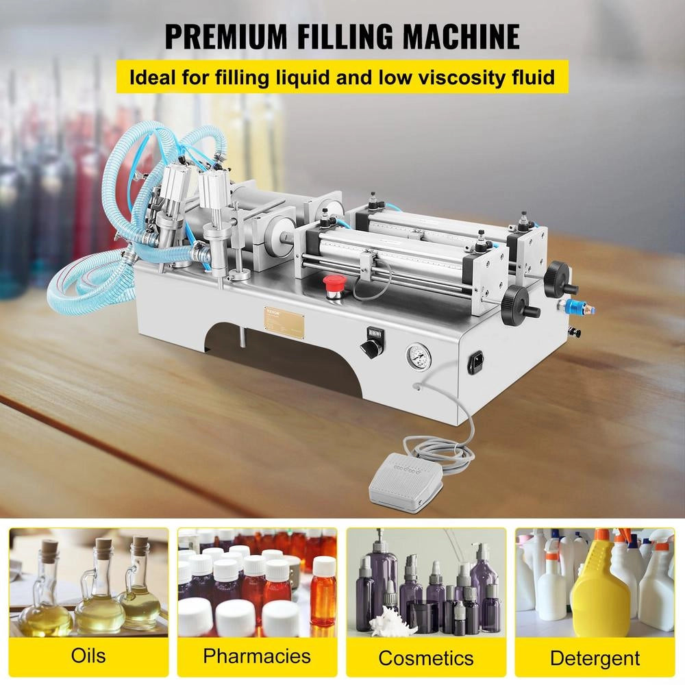 Riempitrice Liquida Orizzontale a Doppia Testa VR-STWSY Pneumatica Elettrica 100-1000 ml, Inox 304, Regolabile per Profumo Acqua Latte Olio d'Oliva