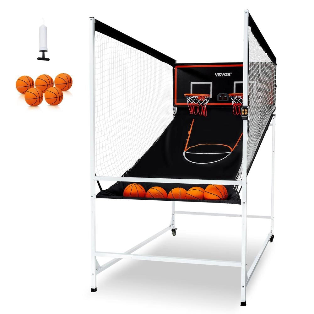 Gioco Arcade di Pallacanestro Pieghevole LW2312004 con 5 Palloni, Tabellone LCD e 8 Modalità, Bianco Nero per Uso Domestico