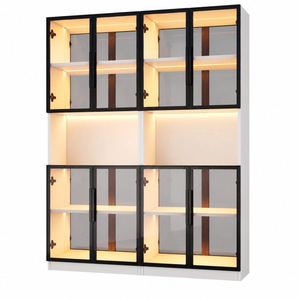Set 2 Vetrine LED con Specchio e Ante in Vetro Grigio