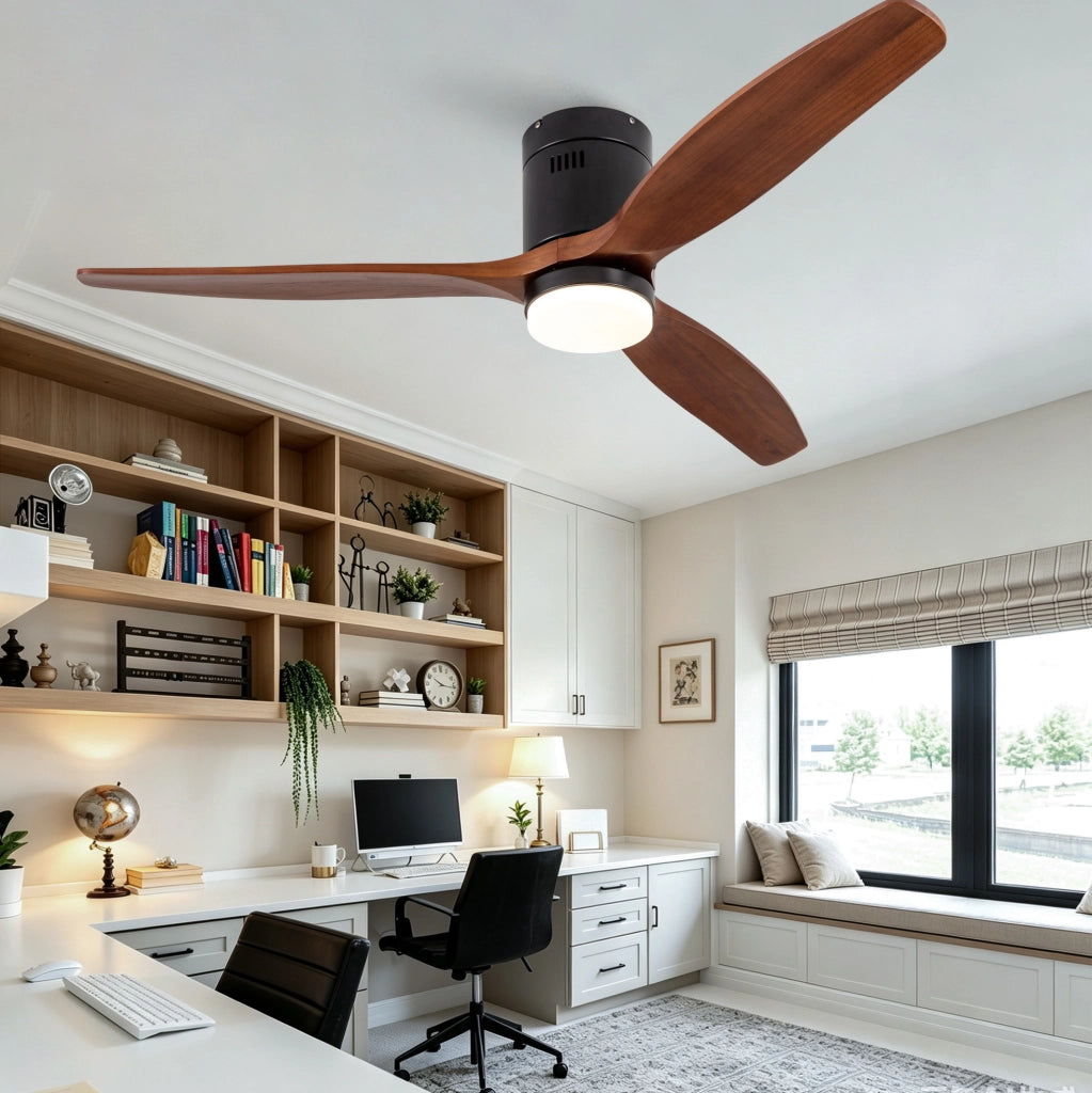 Ventilatore da soffitto nero in metallo e legno; 3 pale con luce LED dimmerabile