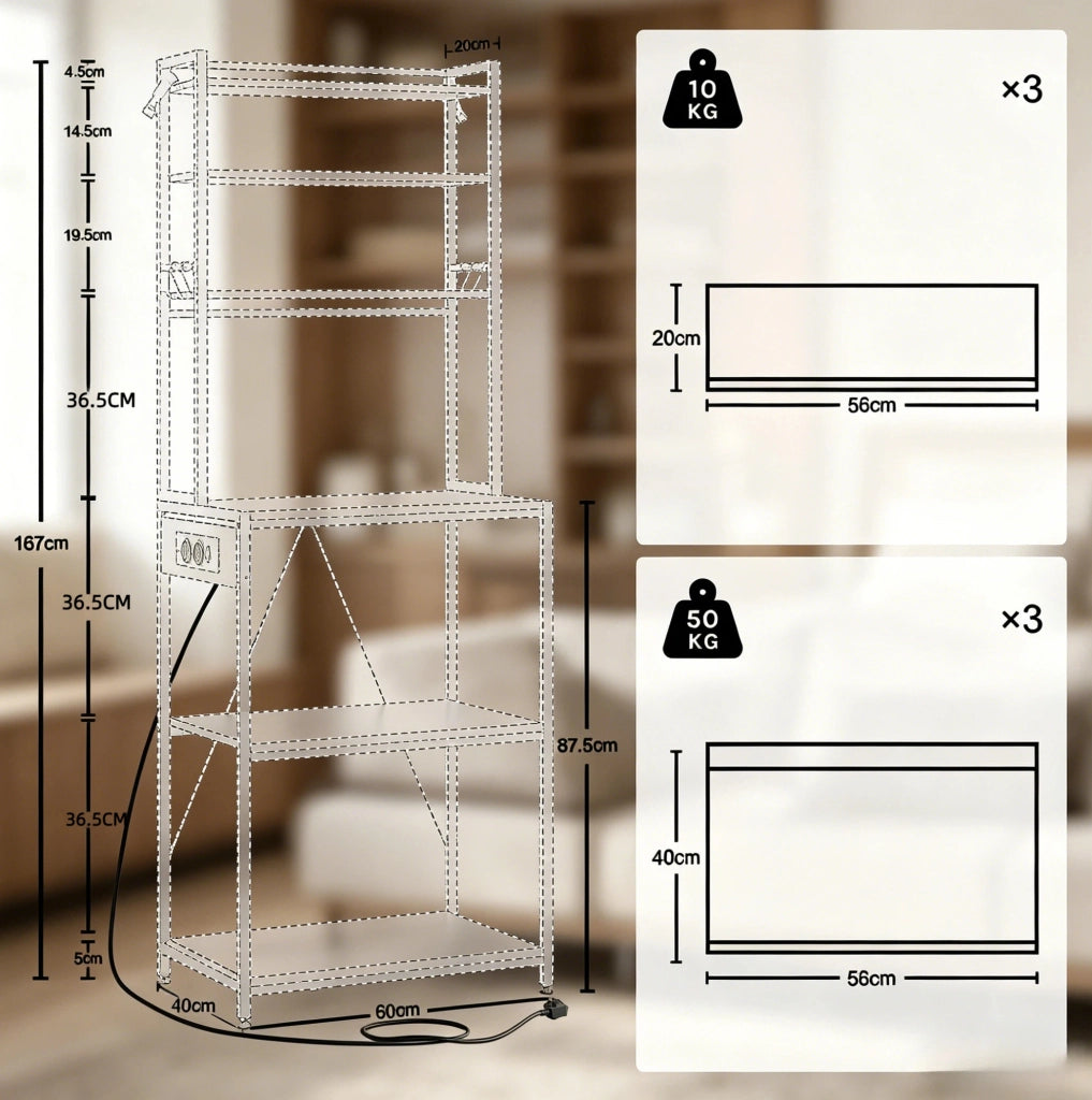 Scaffale da cucina 60x40x167 cm in metallo e truciolare nero marrone con prese