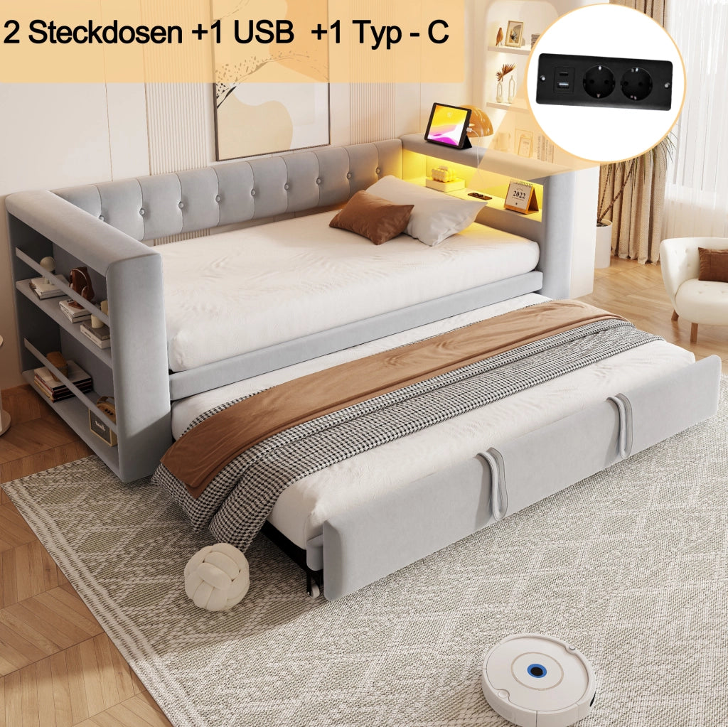 Divano letto multifunzionale 90/180x190 cm con LED, prese e vano contenitore, grigio chiaro