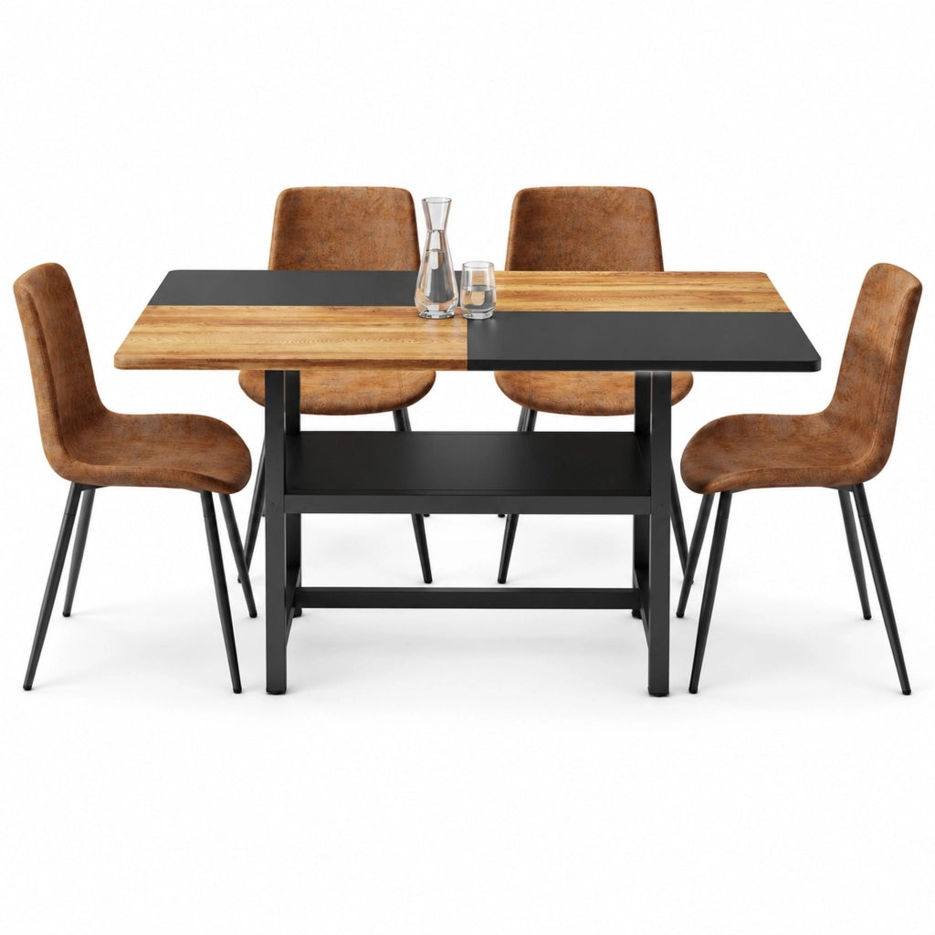 Set tavolo da pranzo da 160 cm con ripiano e 4 sedie in tessuto marrone, MDF e metallo nero