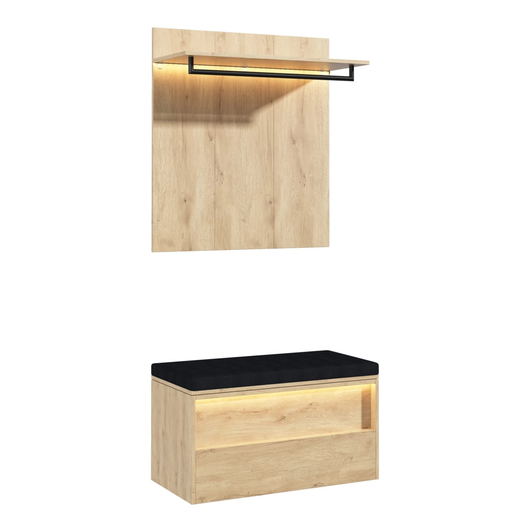 Set ingresso con appendiabiti a parete e panca scarpiera, rovere