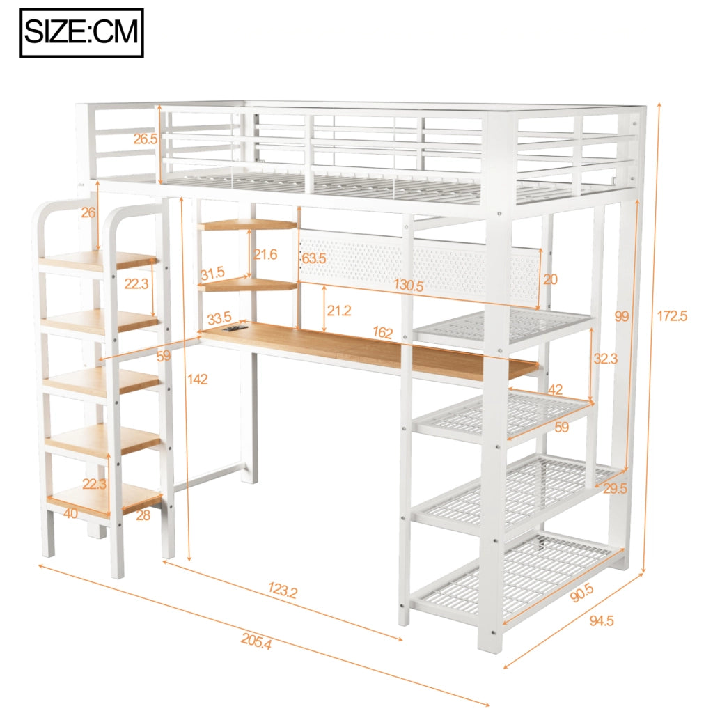 Letti a soppalco per bambini 90x200 cm con scrivania, scala e LED in metallo bianco per cameretta, senza materasso