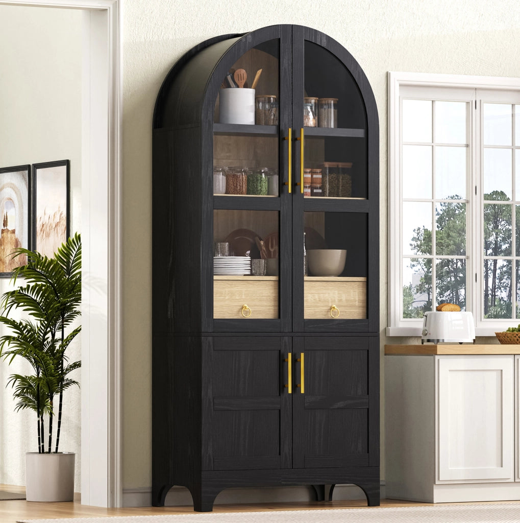 Credenza alta nera con vetro scanalato, ripiani regolabili e cassetti