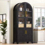 Credenza alta nera con vetro scanalato, ripiani regolabili e cassetti