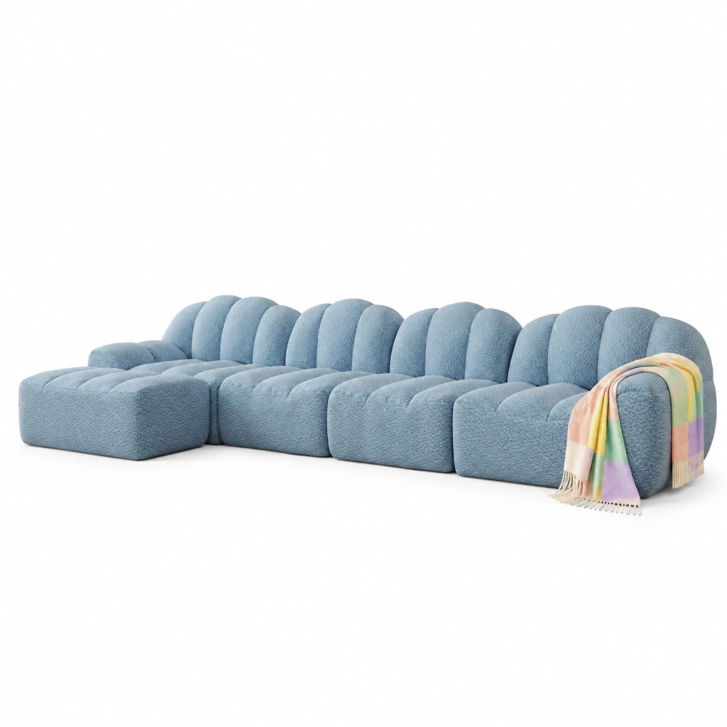 DIVANO Modulare 4 posti con pouf, rivestimento in pile granulato blu