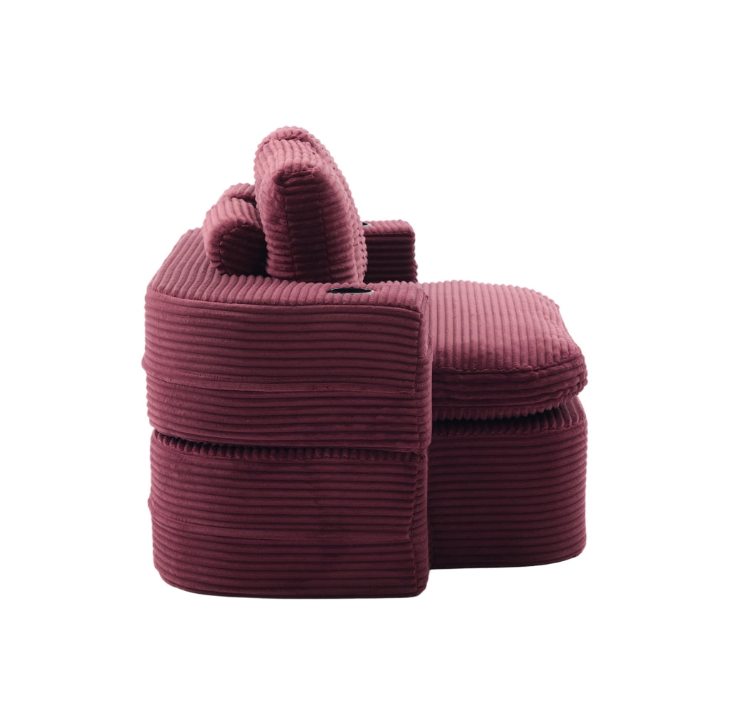 Poltrona trasformabile 2 in 1 in velluto a coste rosso vino con portabicchieri