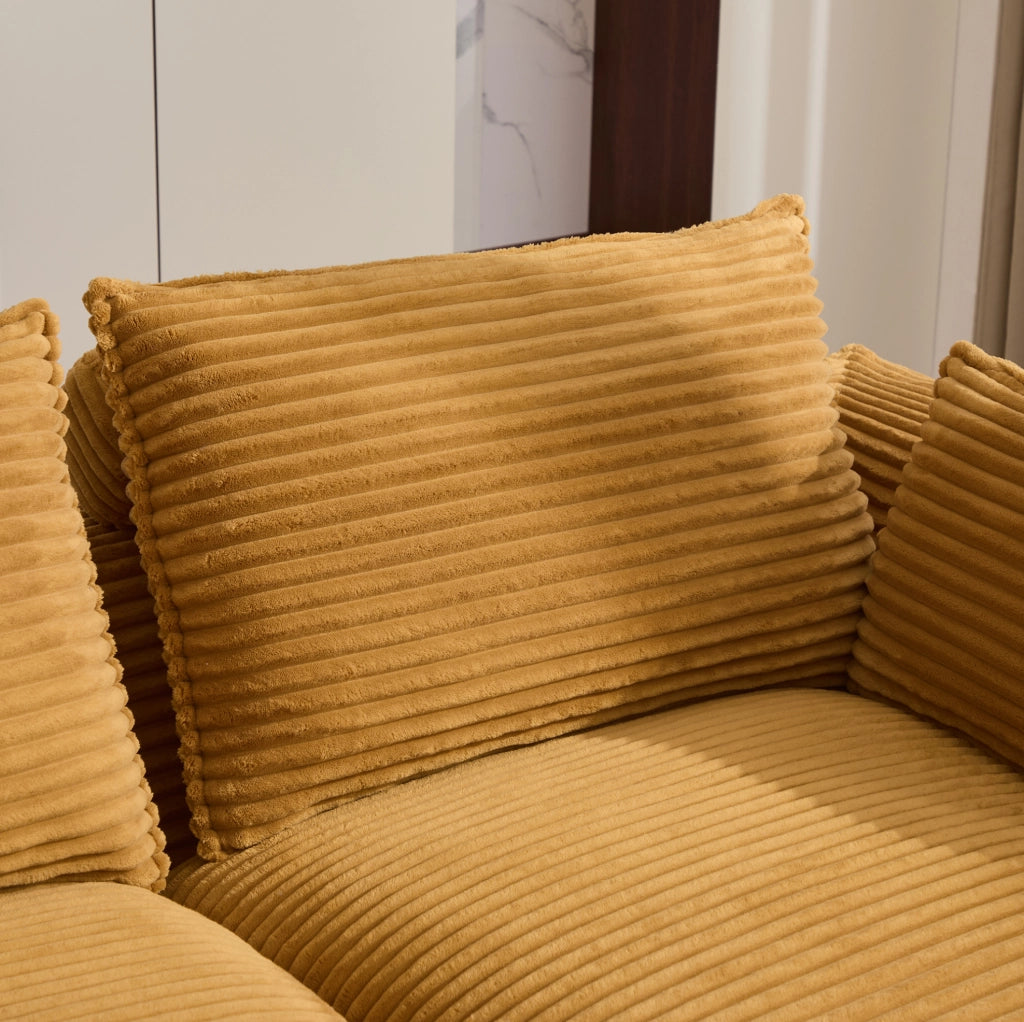 Divano modulare arancione in velluto a coste con pouf e tasche laterali