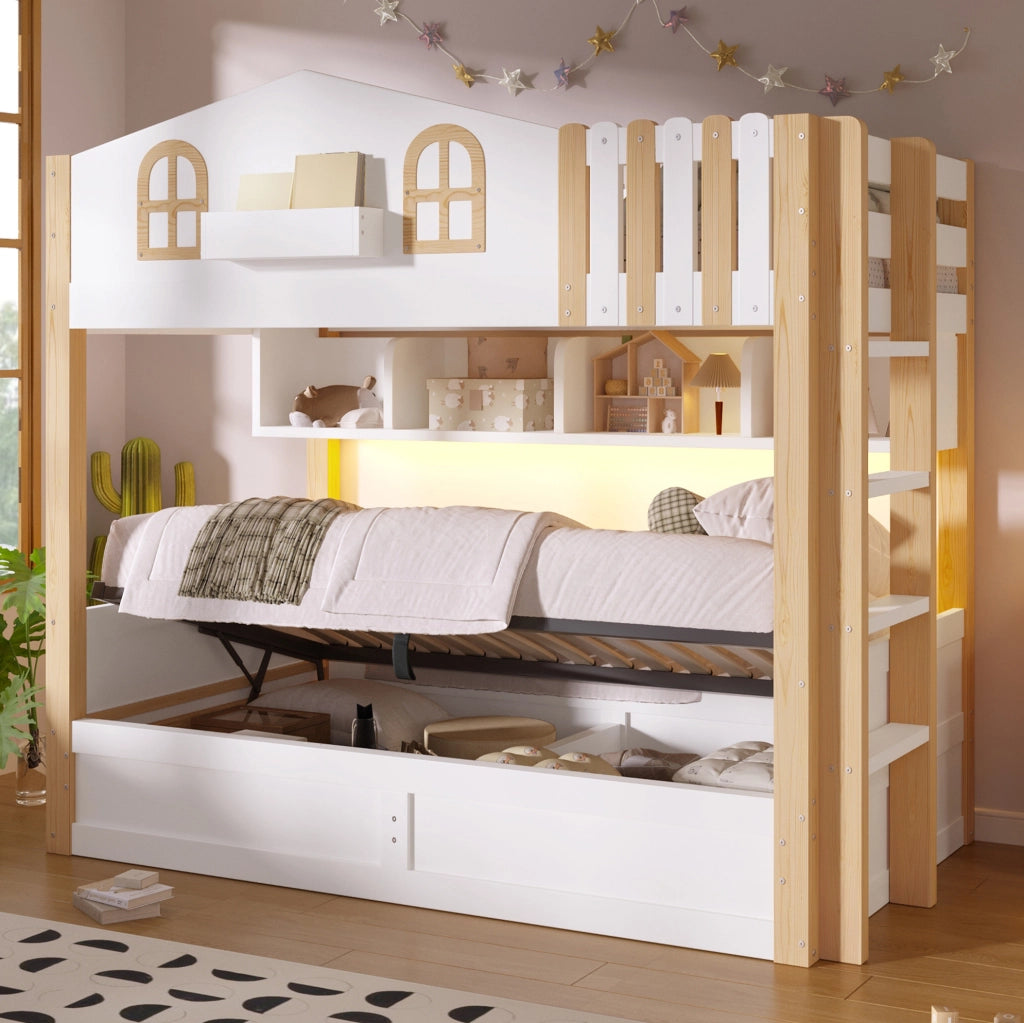 Letto a castello 90x200 cm stile casetta con contenitore idraulico; LED e scala reversibile