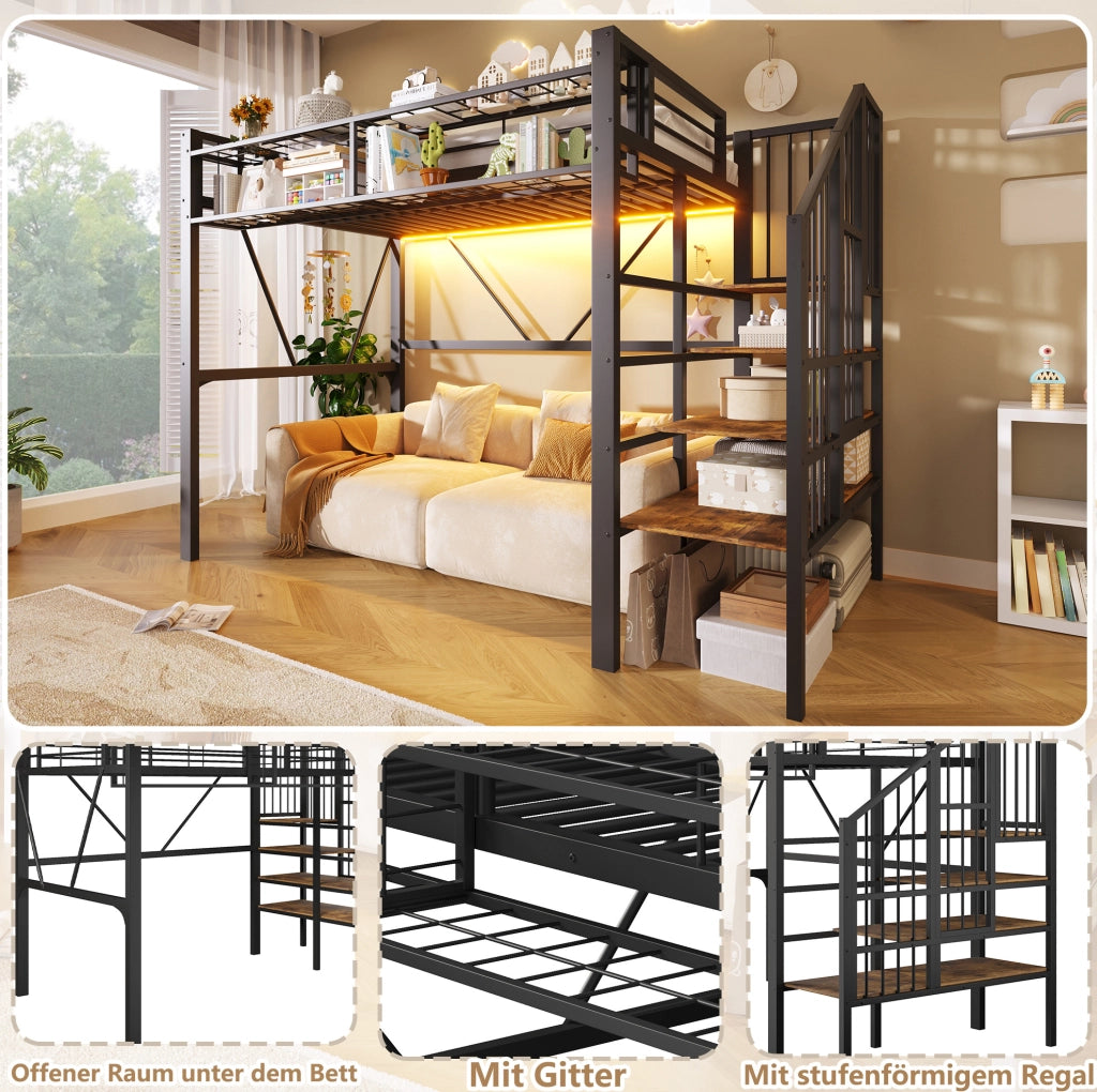 Letto a soppalco 90 × 200 cm con scala a ripiani; LED regolabile; metallo e MDF; nero