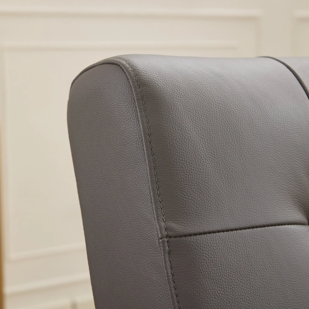 POLTRONA Lounge in pelle grigia e legno, con cuciture decorative