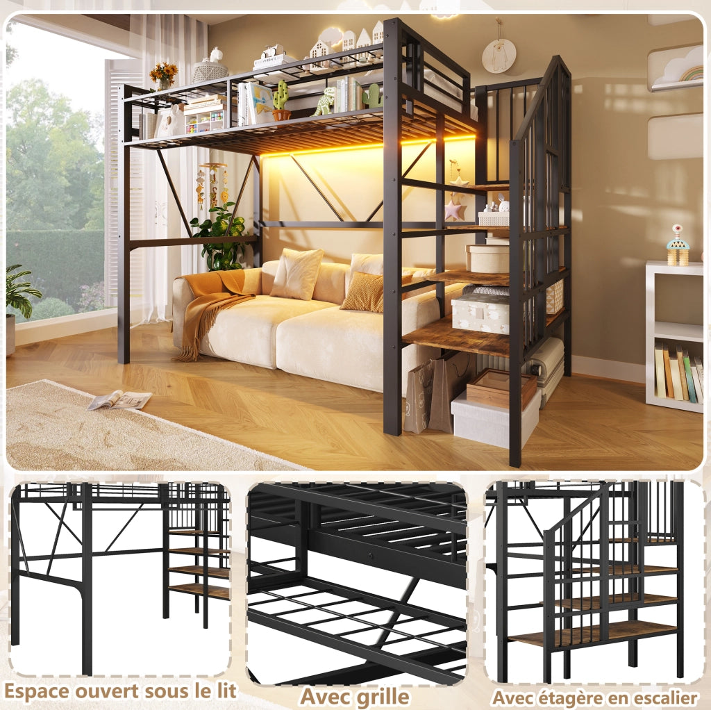 Letto a soppalco 90 × 200 cm con scala a ripiani; LED regolabile; metallo e MDF; nero