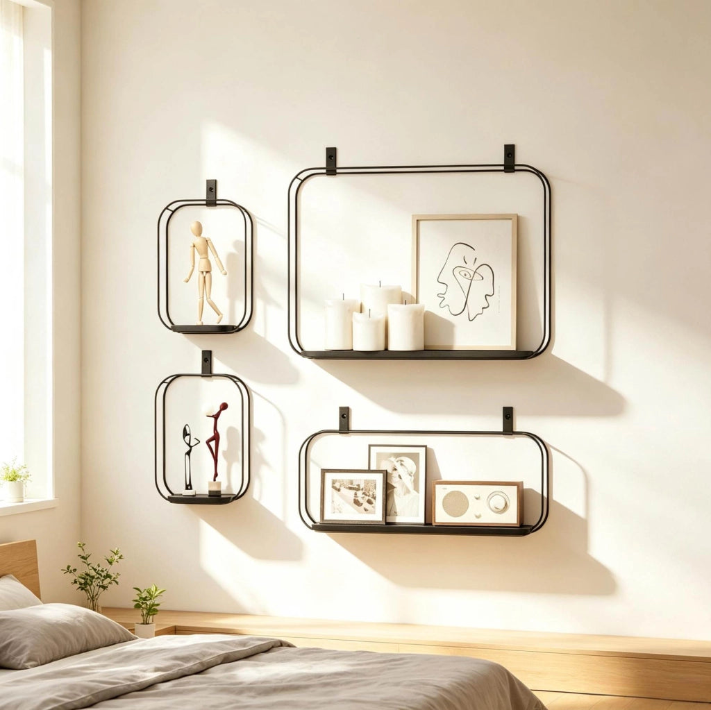 Set di 4 mensole da parete in metallo e MDF nero, stile industriale