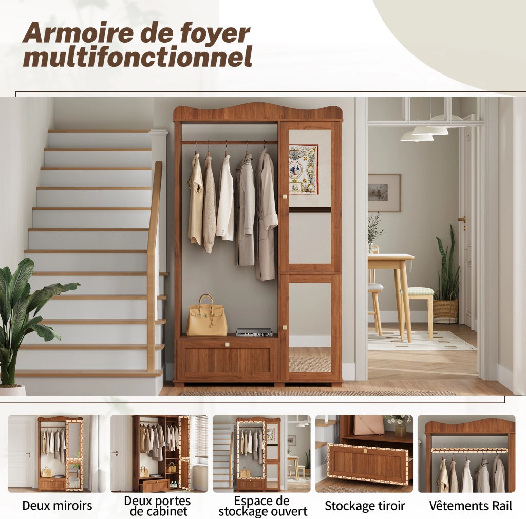 Armadio guardaroba 115;5x38;5x194;5 cm con specchio e appendiabiti in MDF noce