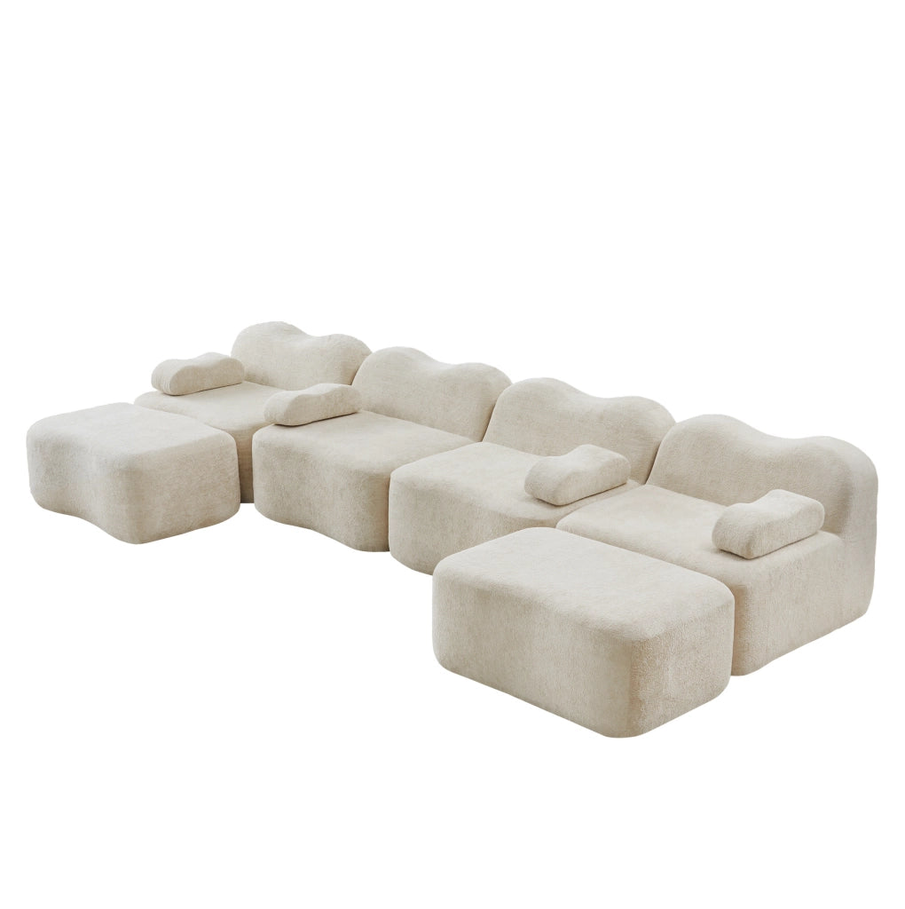 DIVANO Modulare Angolare in Velluto Beige con Pouf