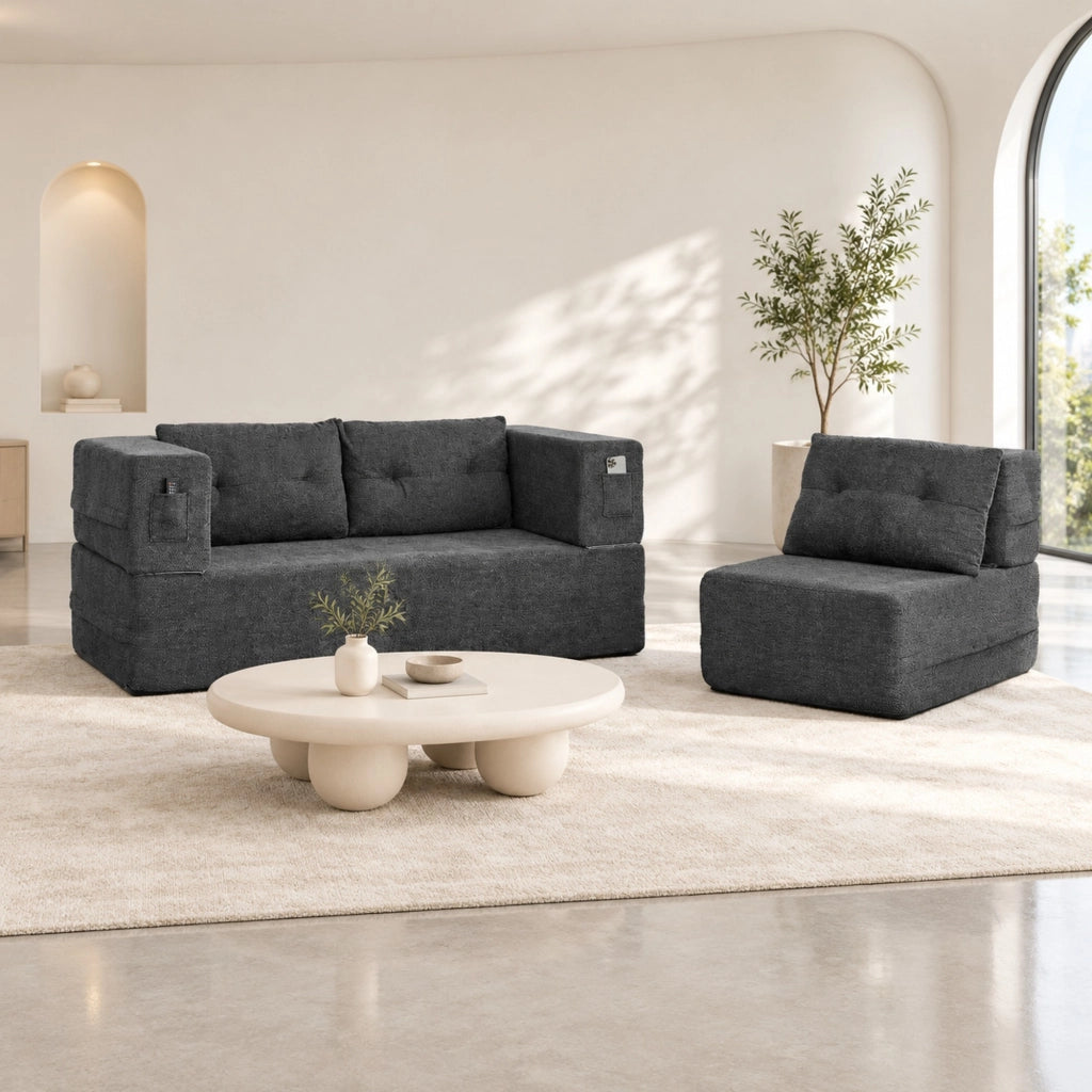 Divano letto modulare 2 posti con poltrona in memory foam grigio scuro