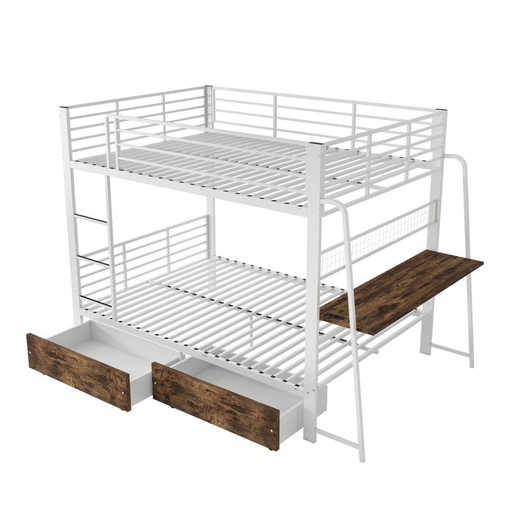 Letti a soppalco per bambini 140x200 cm; con scrivania; USB; LED e cassetti; in metallo; bianco; senza materasso