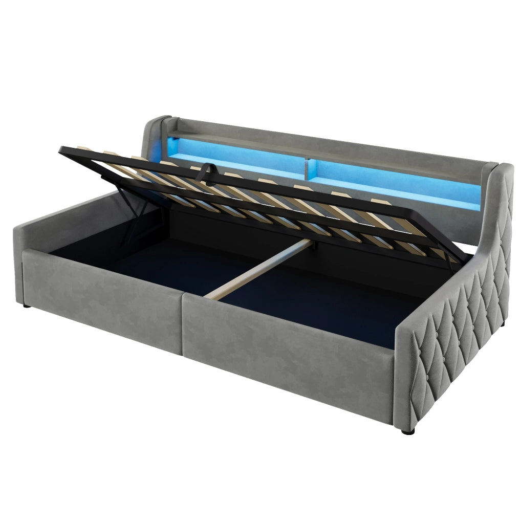 Letto singolo imbottito 90x200 cm in flanella grigia con contenitore idraulico e LED