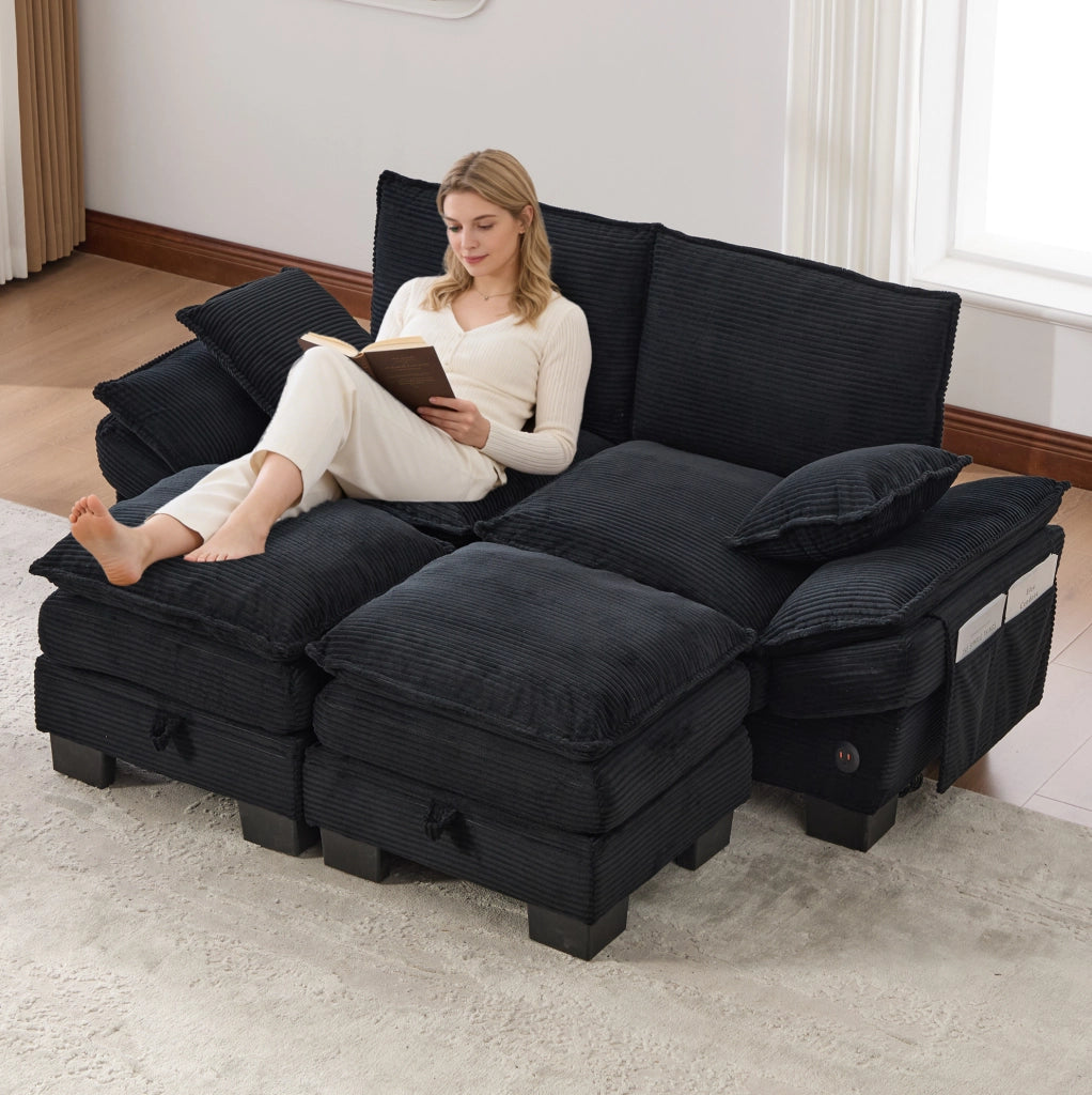 Divano modulare 2 posti ULEVR 190x132x84 cm con 2 pouf, porta USB-C e tasche laterali, velluto a coste nero