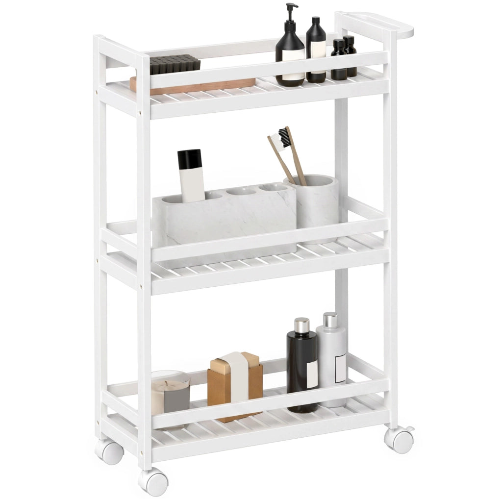Carrello multiuso in bambù bianco a 3 ripiani con ruote, 55 x 20 x 75 cm