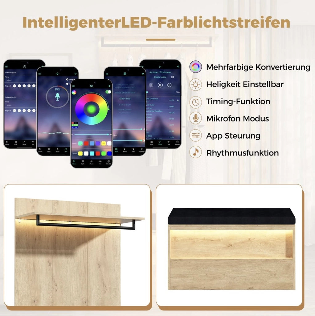 Mobile ingresso in MDF con specchio, panca e LED, 180 x 47 x 200 cm