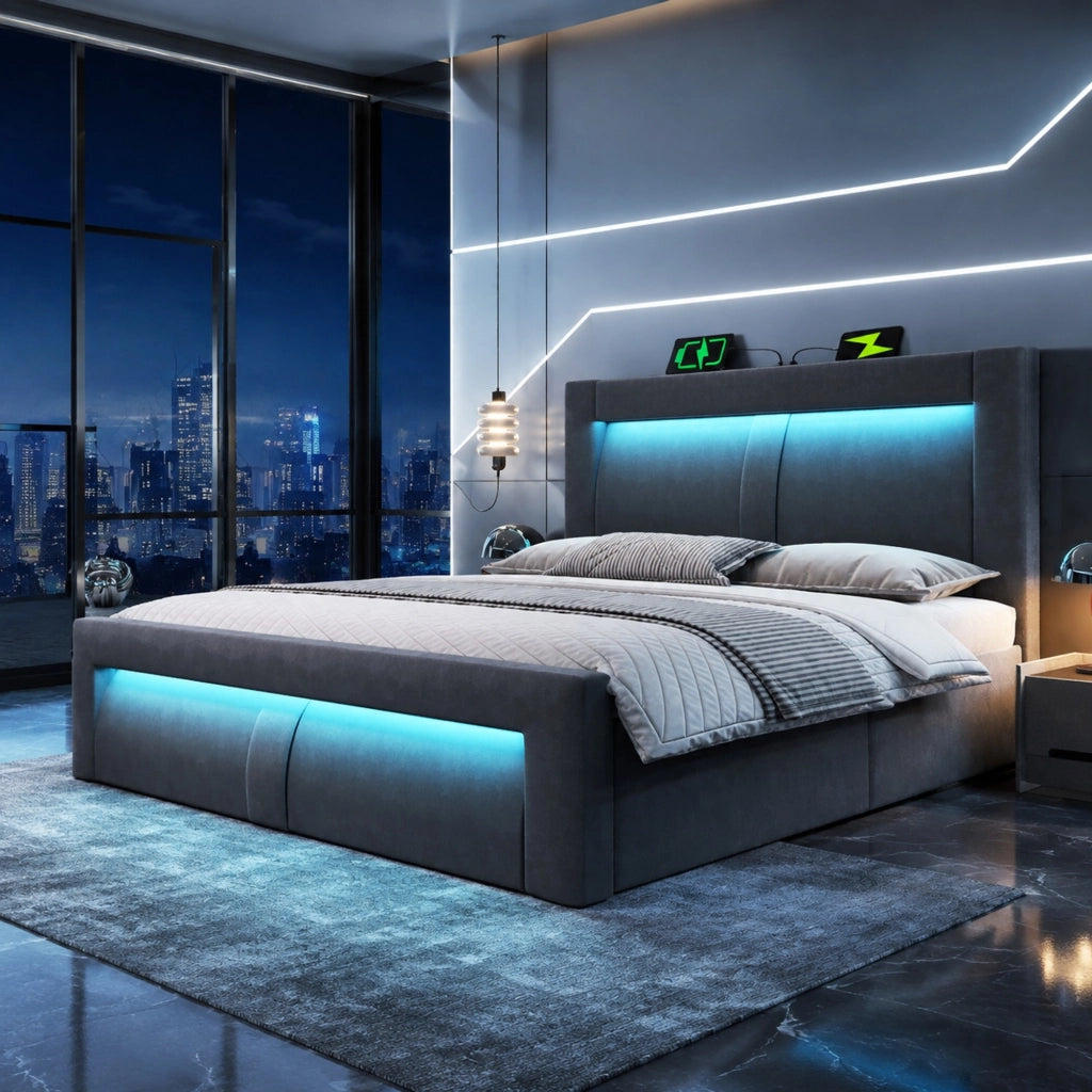Letto con contenitore 180 ¡Á 200 cm con LED USB e Type-C testiera curva in velluto beige con rete a doghe