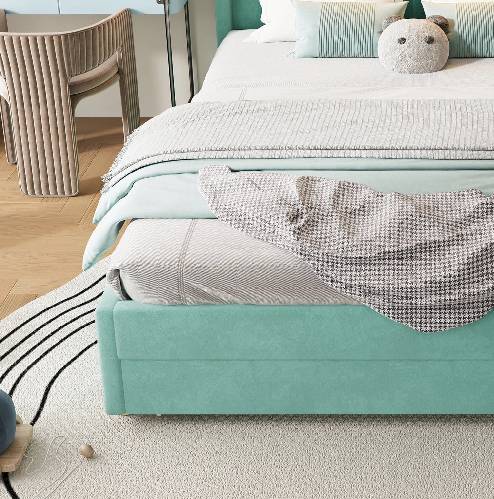Letto per bambini imbottito 140 x 200 cm blu e verde con scivolo e contenitore