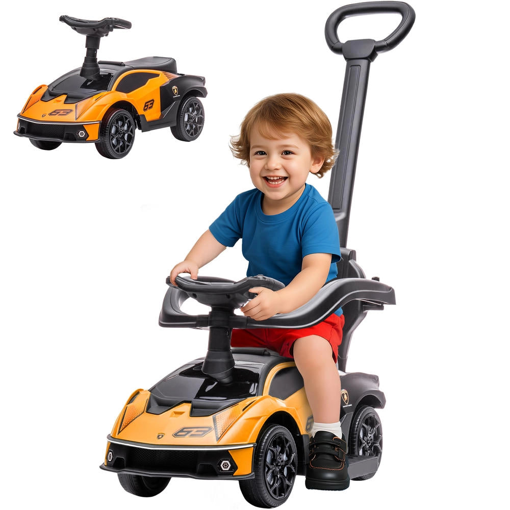 Macchinina Cavalcabile 2 in 1 con Licenza Lamborghini, Maniglione e Protezioni, per Bambini, Arancione e Nero, 86.5x40x89.5 cm