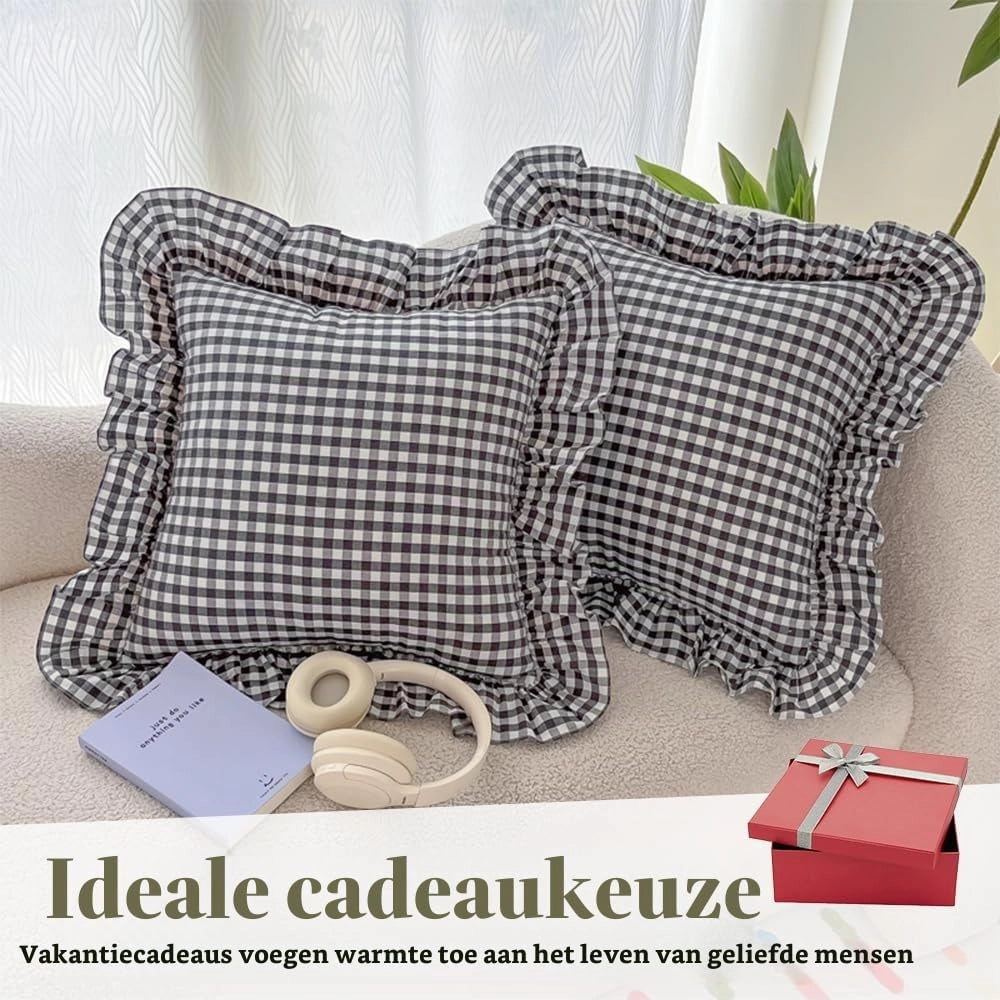 Set di 2 federe per cuscini a quadretti con volant, 45x45 cm