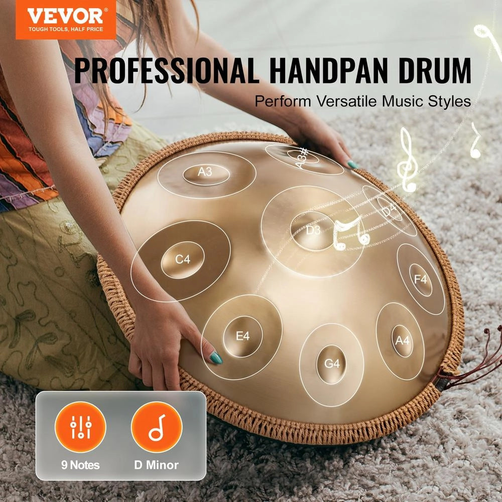 Tamburo Handpan 550 mm a Mano 9 Note in Re Minore 440 Hz Dorato con Supporto e Borsa, Robusto e Facile da Usare per Casa