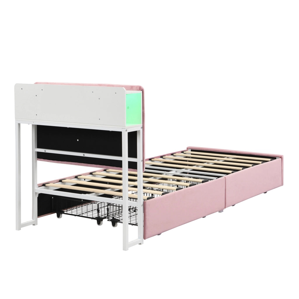 Letto singolo imbottito rosa 90 x 200 cm con 4 cassetti e LED