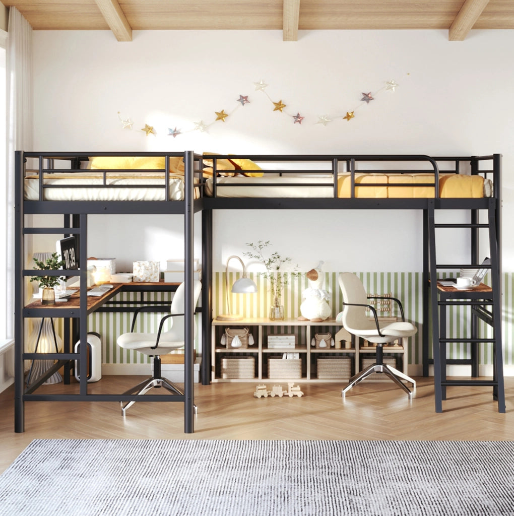Letto a soppalco 90 x 200 cm con scrivania e doppia scala, nero