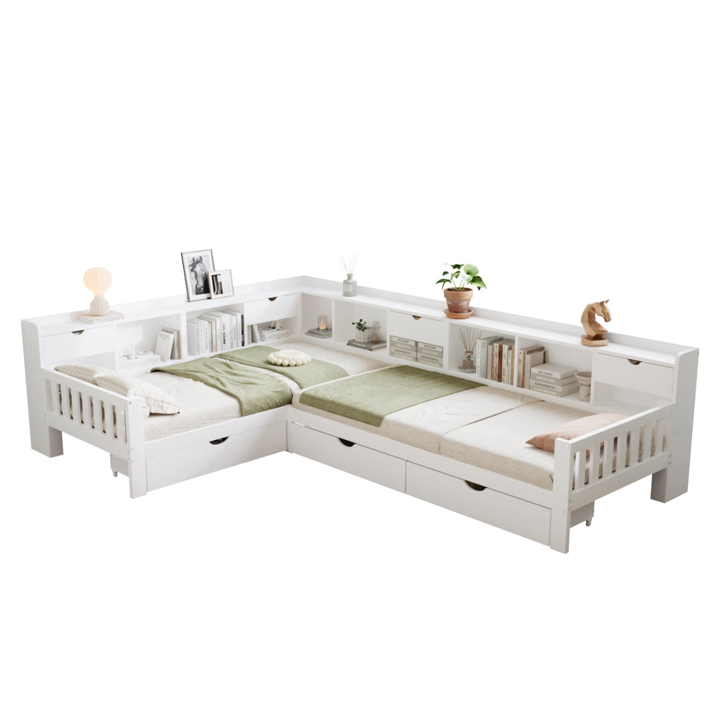 Letto per bambini a L 90x200 cm; 2 posti letto; contenitore; ripiani e 3 cassetti; in legno; bianco