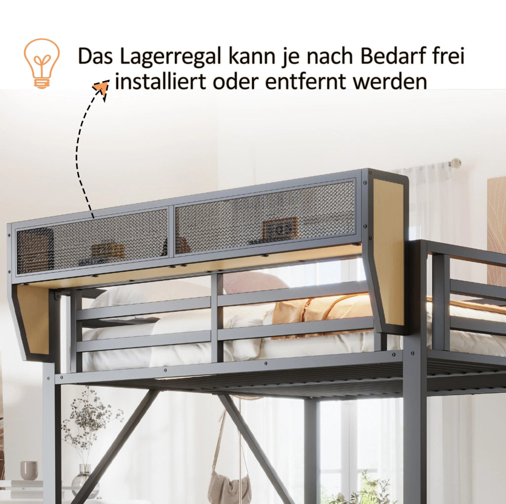 Letto a soppalco 140x200 in metallo con scala di sicurezza e piano flessibile, nero