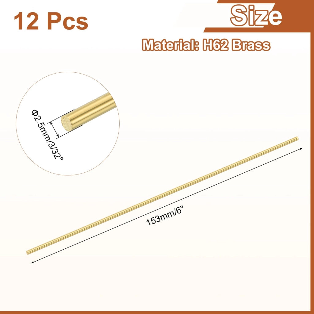Barre di ottone, confezione da 12, diametro 2,5 mm, lunghezza 153 mm, qualità H62