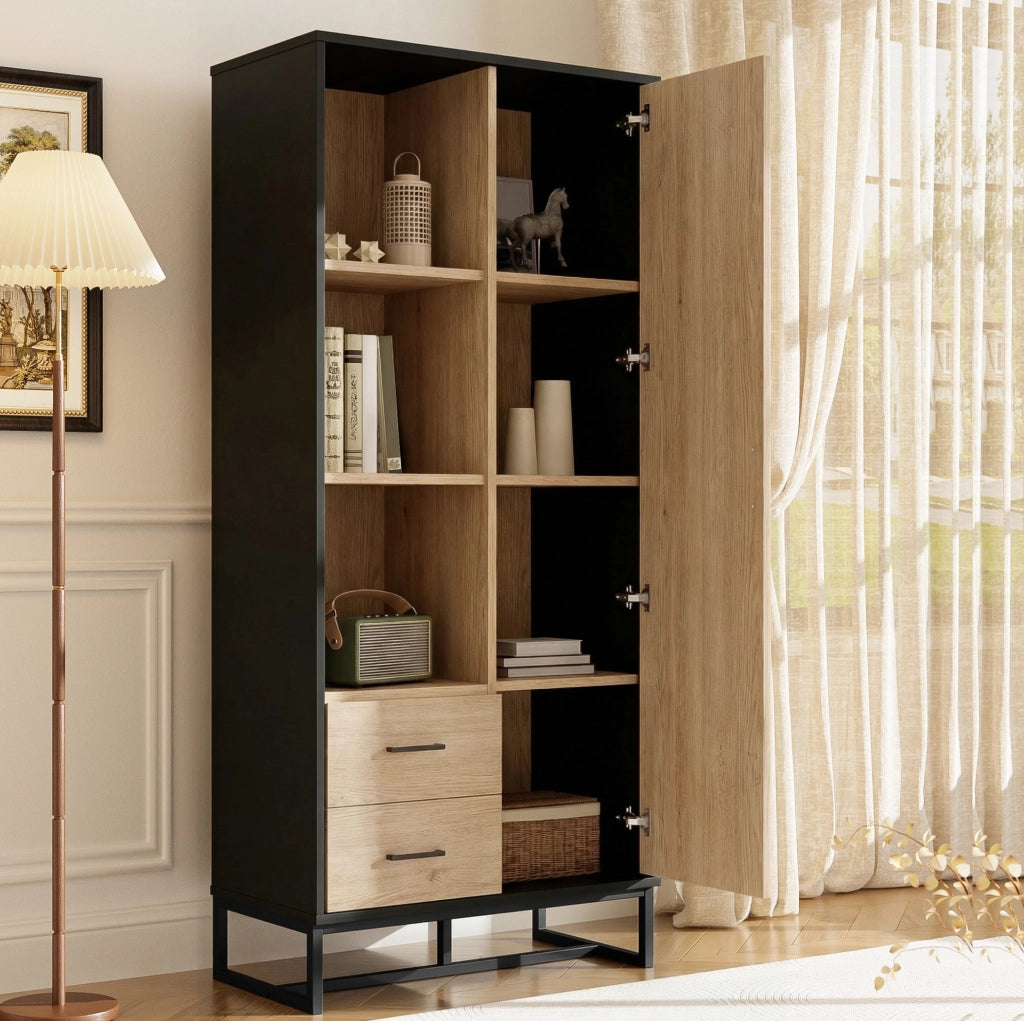 Mobile alto 80x40x180 cm con anta; 2 cassetti e 3 vani in MDF; nero e legno